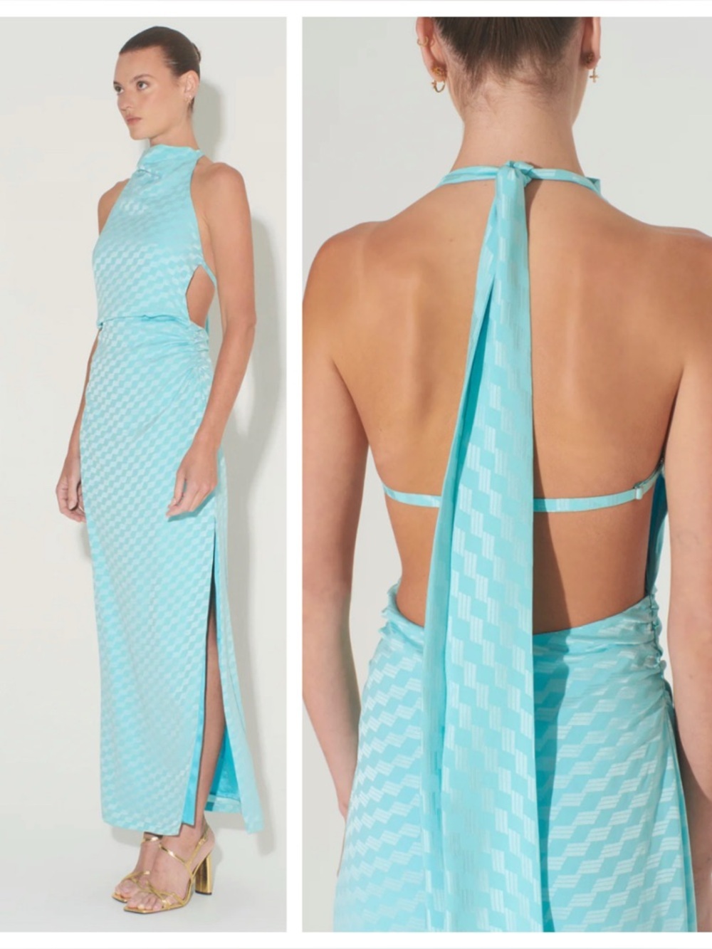 Hansen & Gretel Robbie Dress Aqua Blue Halter Maxi Open Back cutout 38645